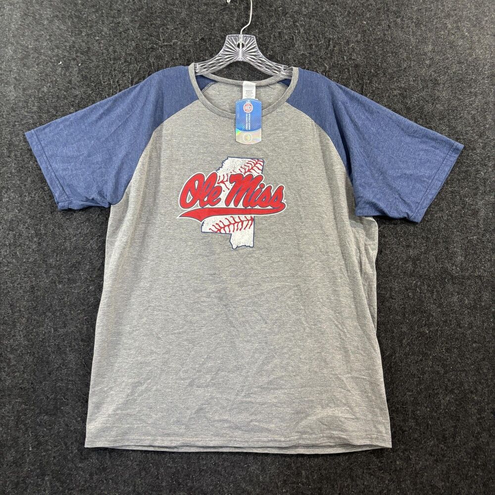 Ole Miss Rebels Baseball Shirt Men's XL Gray Blue New Agenda Raglan Tee Graphic